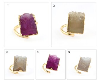 Of White Agate Druzy Ring | Natural Agate Druzy Gold Plated Adjustable Ring, Agate Druzy Slice Brass Ring Amethyst Druzy Ring Gift For Her