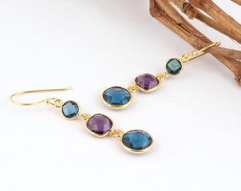Hydro Quartz Gold Plated Drop Earrings: Faceted Gemstone Bezel Set