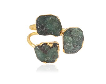 Raw Emerald Three Stone Ring: Gold Electroplated Brass Adjustable Boho Ring
