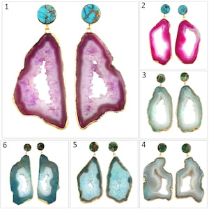 May include: Six pairs of agate earrings with gold accents and turquoise stones. The earrings are in various colours, including pink, blue, and grey.