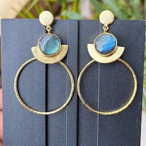 Beautiful Round Shape Long Geometric Earring Natural Gemstone Dangle Earrings, Brass Statement Gold Plated, Women Jewelry Gift For Her,