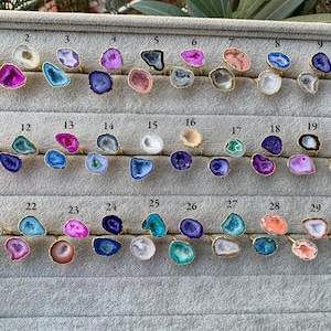 Natural Geode Druzy Open Rings, Crystal Geode Unique Rings, Gold Plated Adjustable Rings, Colorful Geode Druzy Luxury Rings, Gift For Wife
