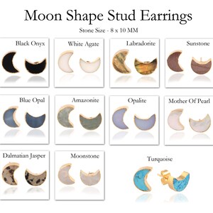 Peut inclure: Un ensemble de 12 paires de boucles d'oreilles clous en forme de lune, chaque paire présentant une pierre précieuse différente. Les pierres précieuses comprennent l'onyx noir, l'agate blanche, le labradorite, la pierre de soleil, l'opale bleue, l'amazonite, l'opale, la nacre, le jaspe dalmatien, la pierre de lune et la turquoise. Les boucles d'oreilles mesurent 8 mm x 10 mm.