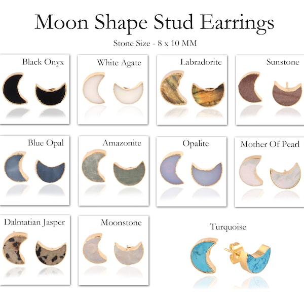 Moon Stud Earrings, Natural Gemstone Gold Plated Stud Earrings, Crescent Moon Earrings Minimalist Studs, Dainty Moon Celestial Earrings