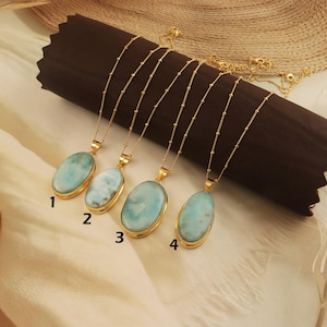 Larimar Pendant Necklace: Gold Plated Brass, Oval Gemstone