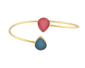 Gold Plated Sugar Druzy Open Bangle Bracelet: Adjustable Brass Jewelry
