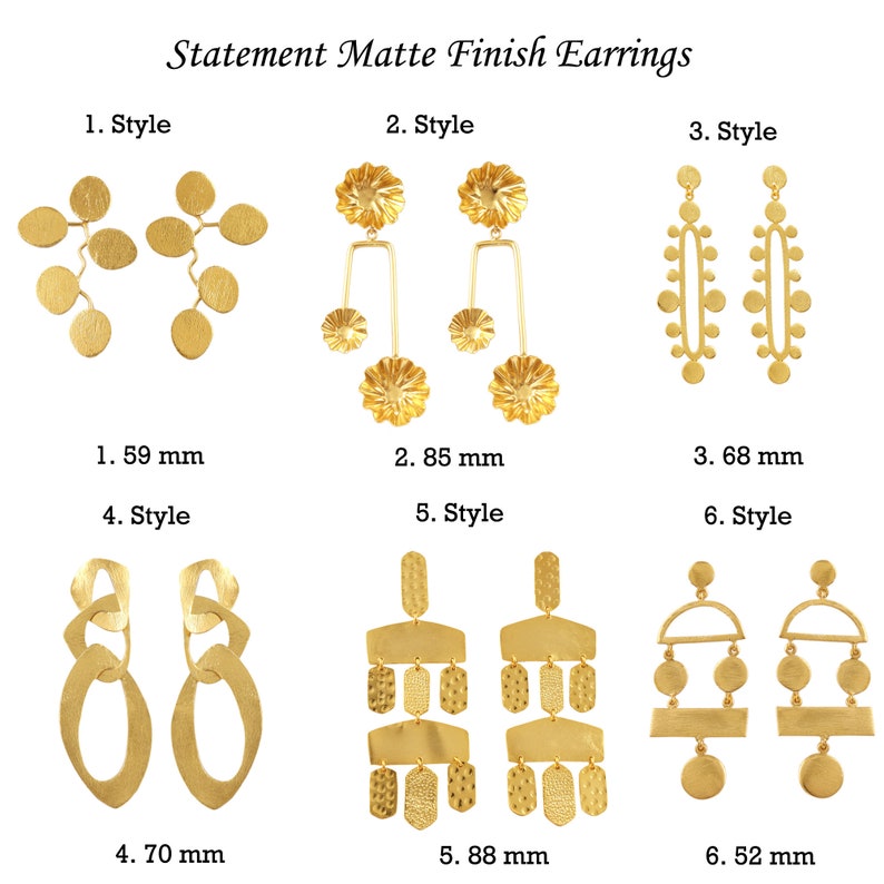 May include: Six pairs of gold statement earrings with matte finish. The earrings are in different styles, including geometric shapes, floral designs, and dangling chains. The earrings are shown against a white background.
