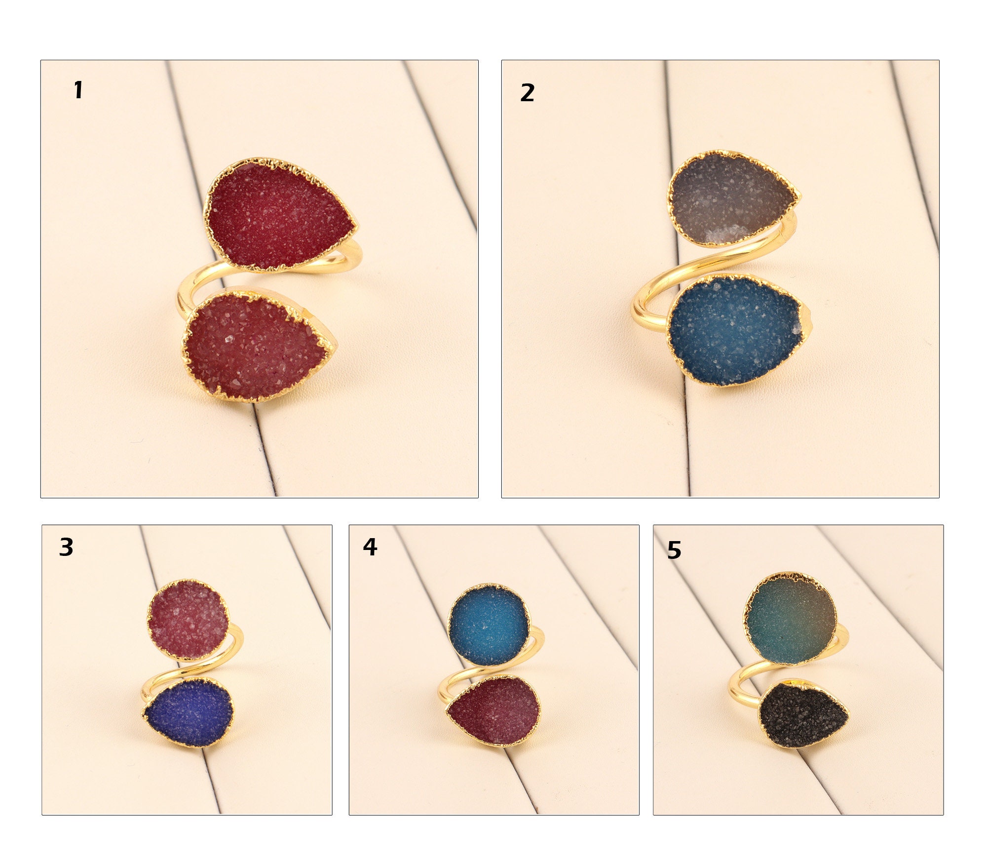 Charming Natural Double Sugar Druzy Gold Plated Adjustable Ring Gemstone Jewelry Charming Natural Double Sugar Druzy Gold Plated Adjustable Ring Gemstone Jewelry
