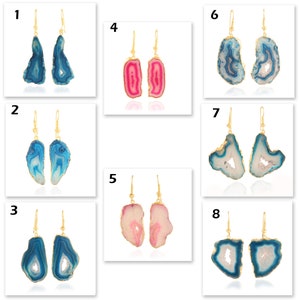 May include: Eight pairs of gemstone earrings are shown. Each pair features a unique, irregularly shaped slice of agate in various colours, including blue, pink, and white, with gold-coloured metal hooks. The earrings are displayed against a white background.