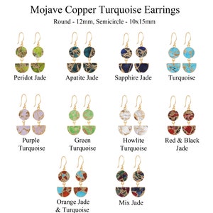 Mojave Turquoise Earrings, Round With D Shape Jade Quartz Turquoise Gold Plated Drop Earring, Mohave Copper Turquoise Compressed Gemstone