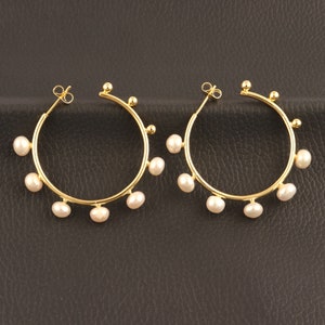 Freshwater Pearl Hoop Earrings Pearl Hoop Earrings | Freshwater Pearl Gold Plated Hoops Earrings Circle Earrings | Wedding Bridal Jewelry