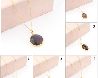 Jasper Necklace, 24k Gold Plated Pendant Cable Chain Necklace | Tiger Eye Necklace | Smoot Polished Jasper Statement Necklaces Gift For Mom