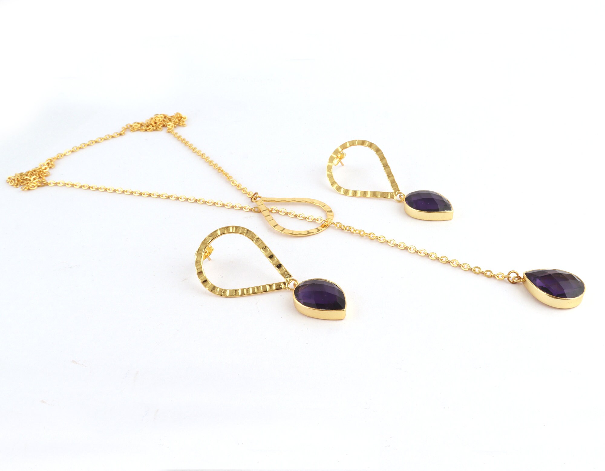 Demi Parure - Pendentif Et Boucles D'oreilles Percées, Ton Or Avec Pierres Violettes - Occasion