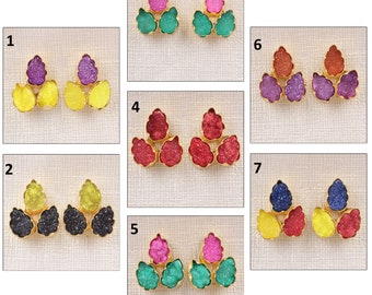 Gold Plated Agate Druzy Earrings: Natural Stone Dangle Earrings