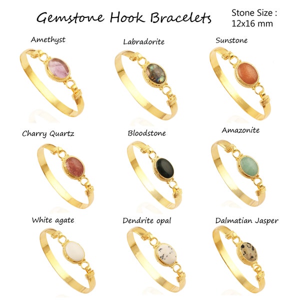 Gemstone Hook Bracelet, Oval Gemstone Gold Plated Bangle Hook Bracelet, Gemstone Hook Bracelet, Gemstone Bangle Bracelet, Bangle Bracelet