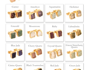 Raw Gemstone Stud Earrings: Gold Plated Brass, Natural Birthstone