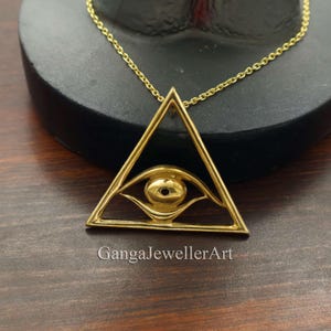 All Seeing Eye Pendant Necklace | Handmade Brass Triangle Jewelry | Esoteric Symbol Necklace | Boho Gothic Spiritual Gift for Men & Women