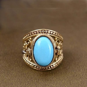 Larimar Gemstone Poison Ring, Handmade Locket Ring, Oval Shape Medicine Ring, Compartment Ring, 18k Gold Plated Locket Ring, Secret Box Ring