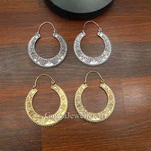 Tribal Brass Hoop Earrings | Geometric Ethnic Jewelry | Engraved Antique Style Hoops | Bold Boho Statement | Handmade Festival Gift