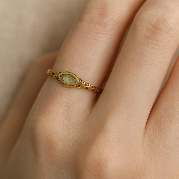 Vintage Peridot Gold Ring, Marquise Green Gemstone Dainty Band, Boho Engagement Promise Ring, Handmade Minimalist Jewelry  , gift for her ,
