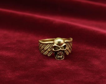 Gold Skull Wing Ring – Gothic Angel Wing Skull Band, Vintage Biker Ring, Statement Gothic Jewelry, Unisex Gift