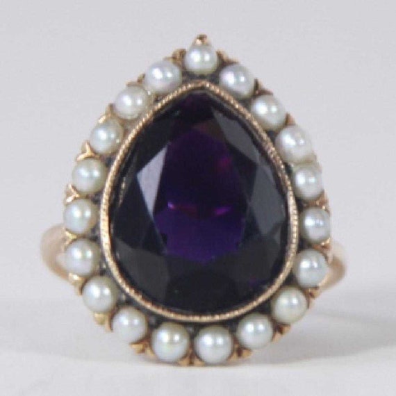 Antique Pear Shaped Amethyst and Pearl Ring. 14 K… - image 1