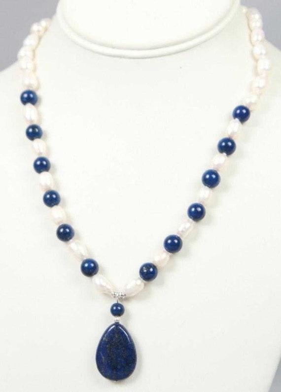 Carved Lapis Lazuli & Baroque Pearl Necklace