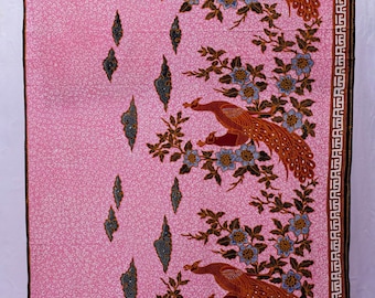 Batik Indonesia, "Merak" (the Peacock) Motif, Warm Pinks and Blues, Premium Cotton, 100% Hand Drawn, Full Tulis Sarong, Made in Indonesia
