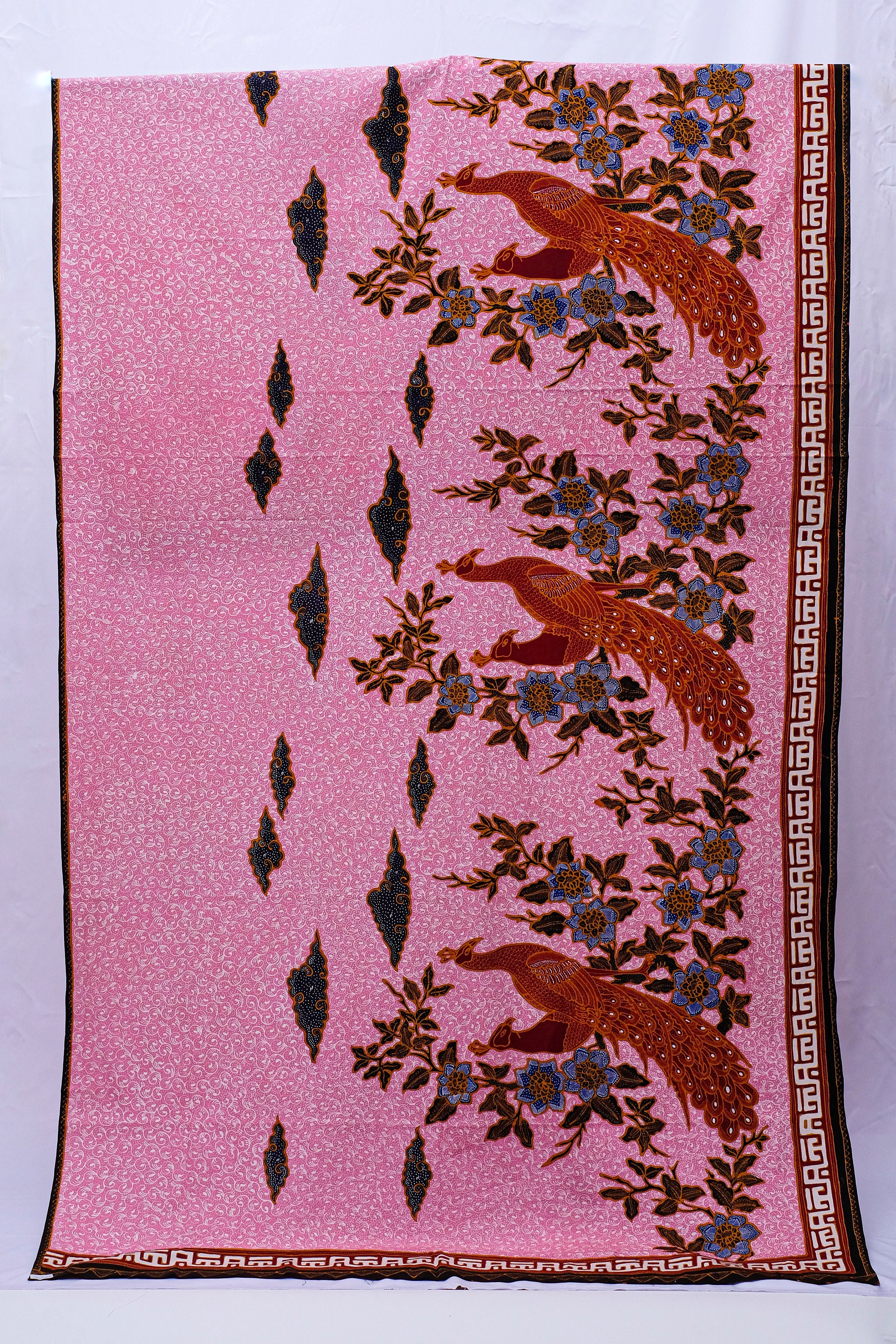 Batik Indonesia, "Merak" (the Peacock) Motif, Warm Pinks and Blues, Premium Cotton, 100% Hand Drawn, Full Tulis Sarong, Made in Indonesia