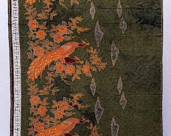 Batik Indonesia, "Merak" (the Peacock) Motif, Rich Gold and Green, Premium Cotton, 100% Hand Drawn, Full Tulis Sarong, Made in Indonesia