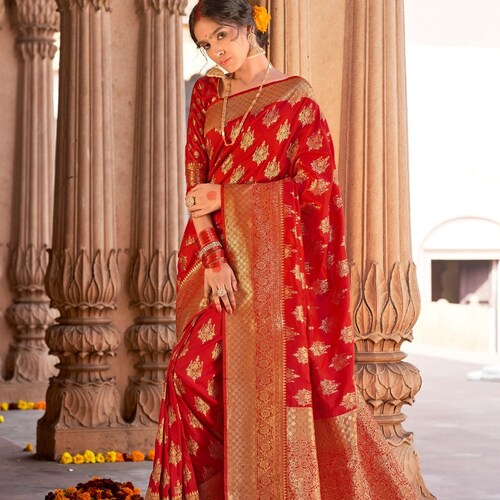 Bright Red Brocade Banarasi Silk Saree .br Bright Red Brocade Banarasi Silk Saree .br