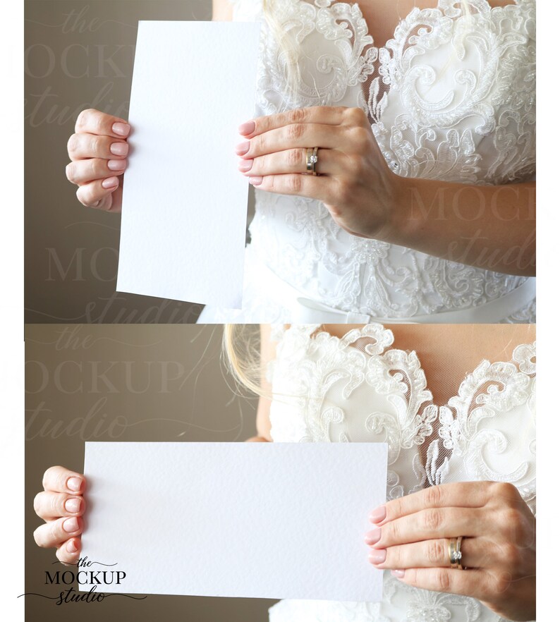 PSD Smart Object Bride Holding Invitation Mockups 5x7 Card Mockup Wedding Invitation Mockup Menu Mockup