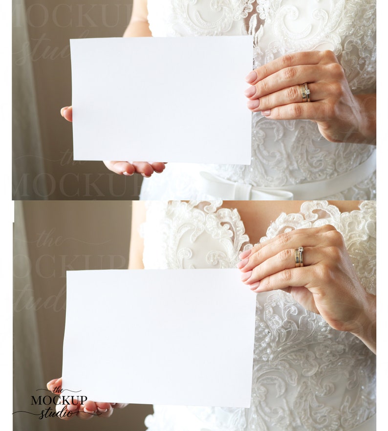PSD Smart Object Bride Holding Invitation Mockups 5x7 Card Mockup Wedding Invitation Mockup Menu Mockup