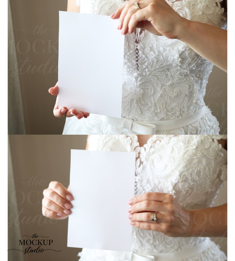 PSD Smart Object Bride Holding Invitation Mockups 5x7 Card Mockup Wedding Invitation Mockup Menu Mockup
