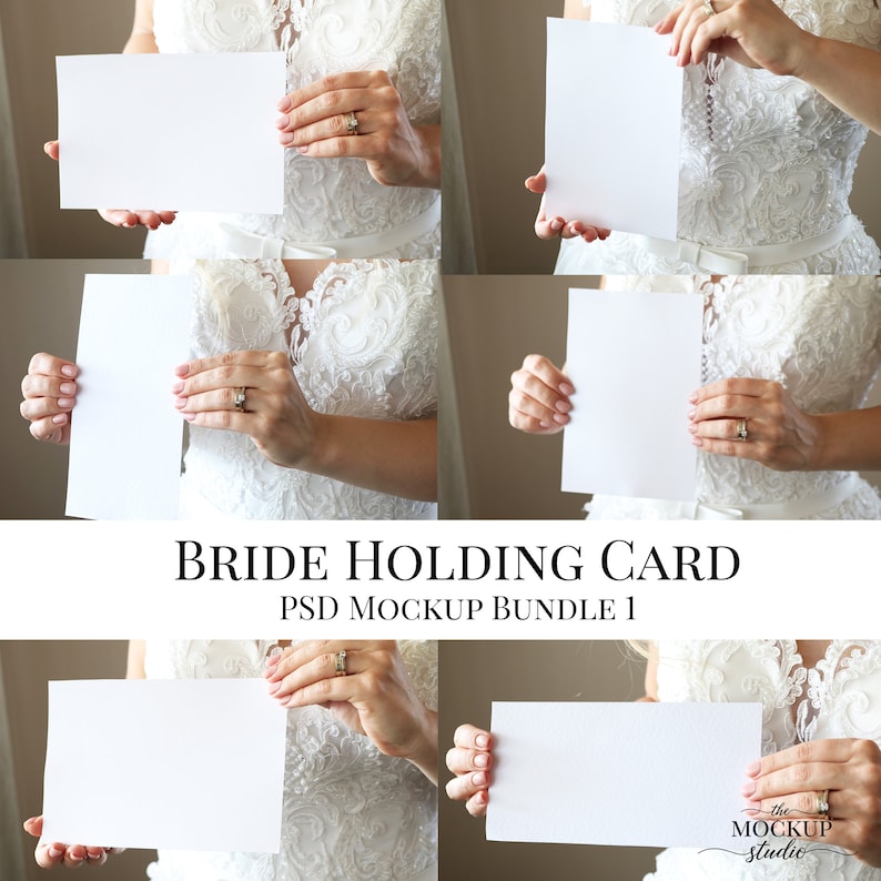 PSD Smart Object Bride Holding Invitation Mockups 5x7 Card Mockup Wedding Invitation Mockup Menu Mockup