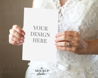 Bride Holding Invitation Mockups, Wedding Invitation Mockup, 5x7 Card Mockup, Menu Mockup, PSD Smart Object