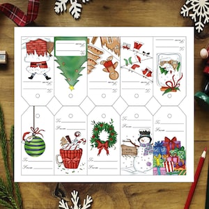 Etiquetas de regalo navideñas para colorear e imprimir, etiquetas de regalo navideñas DIY, descarga instantánea, tamaño carta, PDF