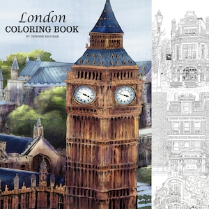 Livro de colorir de Londres em PDF, livro de colorir para adultos da cidade para baixar, livro de colorir para adultos com impressões digitais, tamanho da letra, download digital