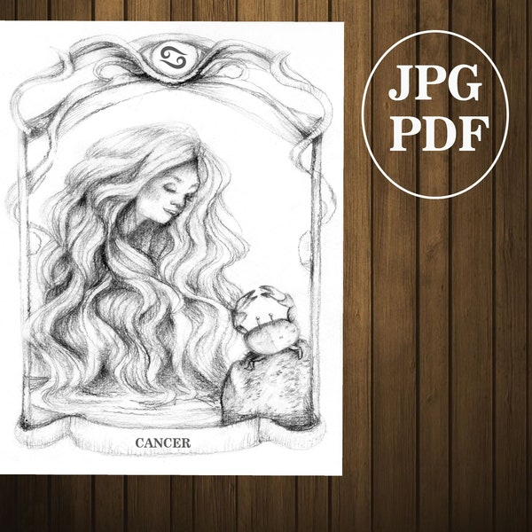 Cancer Zodiac Coloring Page , Grayscale Coloring Page Printable Pdf , Instant Download,  Letter Size