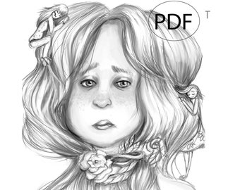 beautiful sad adult coloring pages printable , little fantasy creatures, Grayscale coloring  , instant download  ,Jpg PDF, letter size