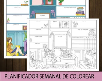 Planificador Semanal De Colorear Pdf , 12 paginas de planificador semanal sin fecha en español, listo para imprimir , tamaño carta