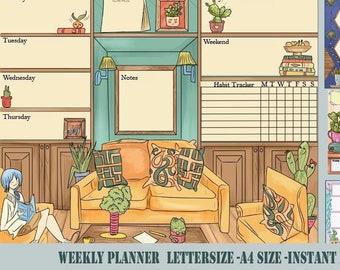 Weekly Planner Printable , illustrated Printable Planner , Cute Stationery Pages Pdf , Instant Download
