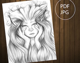 Petunia Fairy Adult Coloring Pages Pdf , Fairy Portrait , Grayscale coloring  , instant download  ,Jpg PDF, letter size