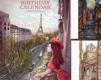 Perpetual Birthday Calendar Printable ,  Illustrated 12 Month Calendar PDF Digital Download , Letter Size