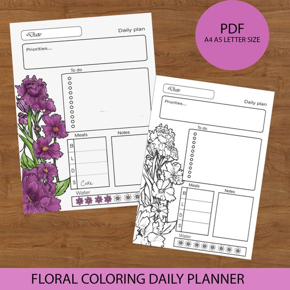Daily coloring planner floral planner pages printable | Etsy