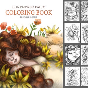 sunflower fairy coloring book , adult coloring pages printable , pdf coloring book , hand draw