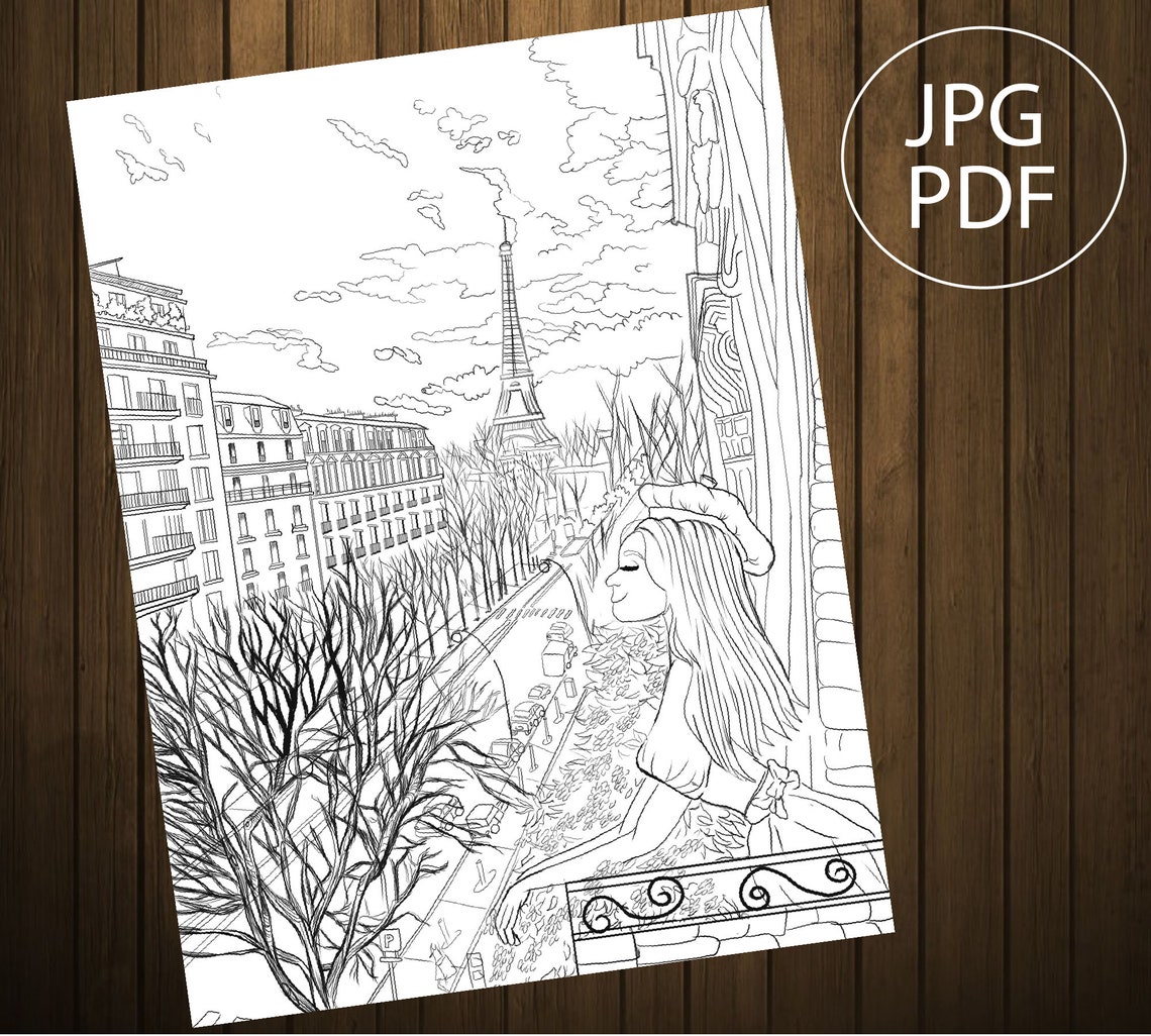 Paris City Coloring Page, Landscape Adult Coloring Page , Digital ...