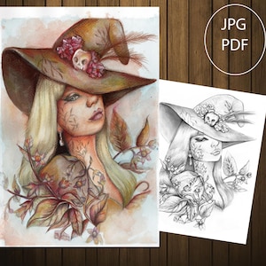 Página para colorir de retrato de bruxa, ilustração de Halloween em tons de cinza, desenho de fantasia em PDF, tamanho carta, tamanho A5, tamanho A4
