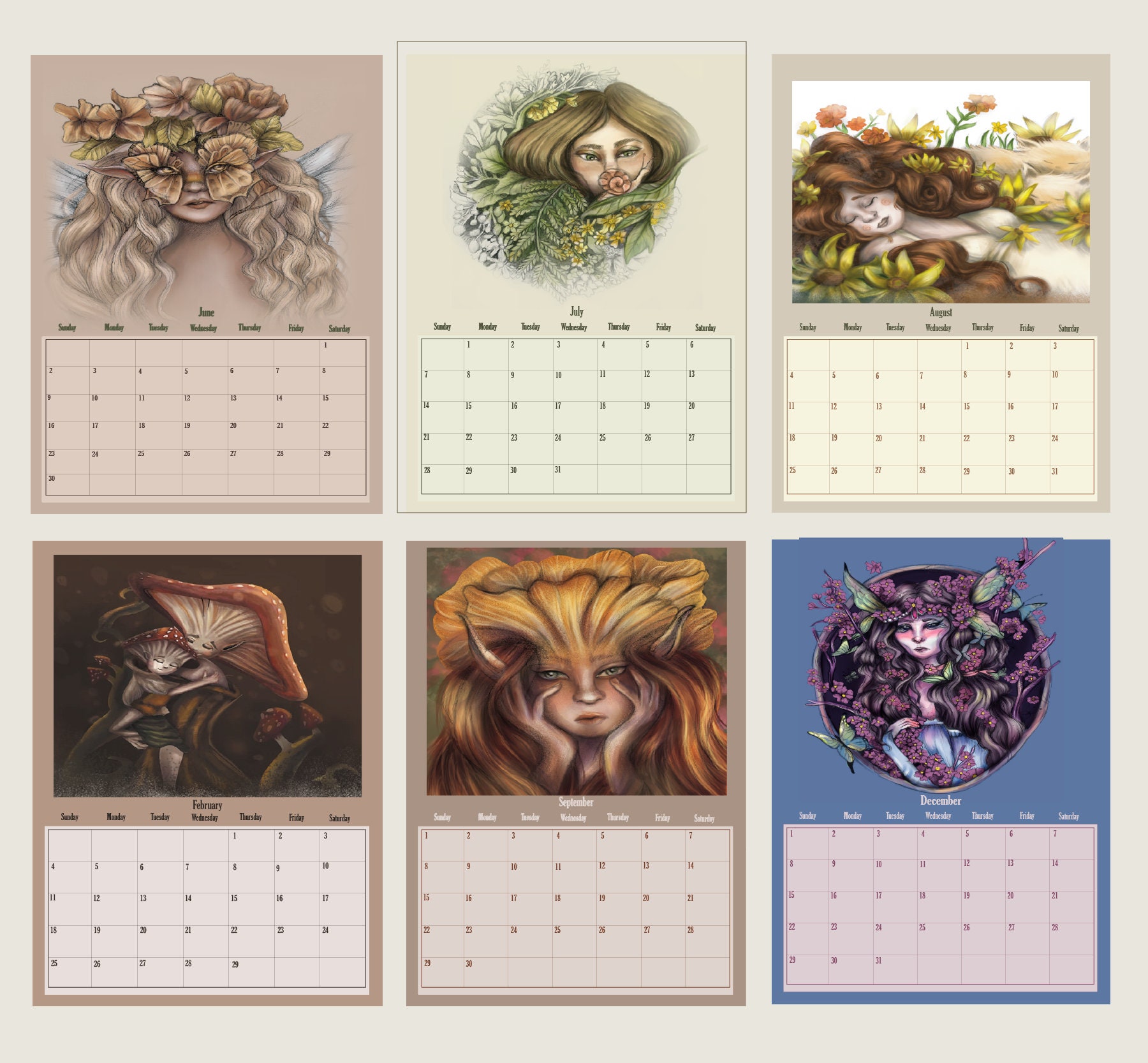 Fantasy Desk Calendar Printable , Illustrated Calendar 2024 , Cute Art