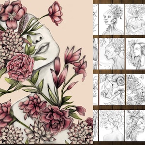 Páginas para colorear de hadas misteriosas en escala de grises, páginas para colorear imprimibles para adultos, libro para colorear de flores de fantasía, dibujo original, tamaño carta PDF